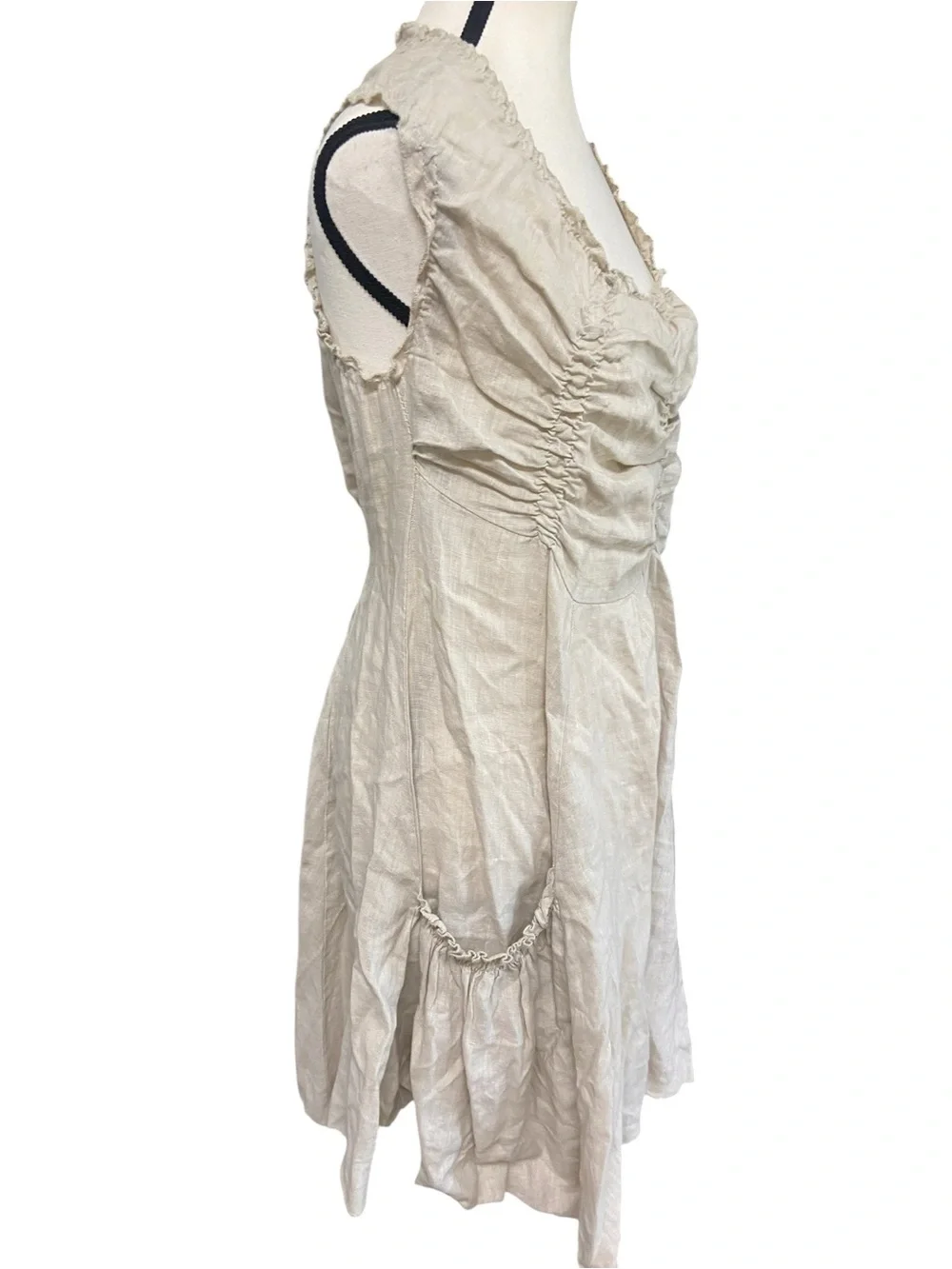 NYLL Italia 100% Linen Parachute Dress Flax Size M Ruched Boho Lagenlook Casual